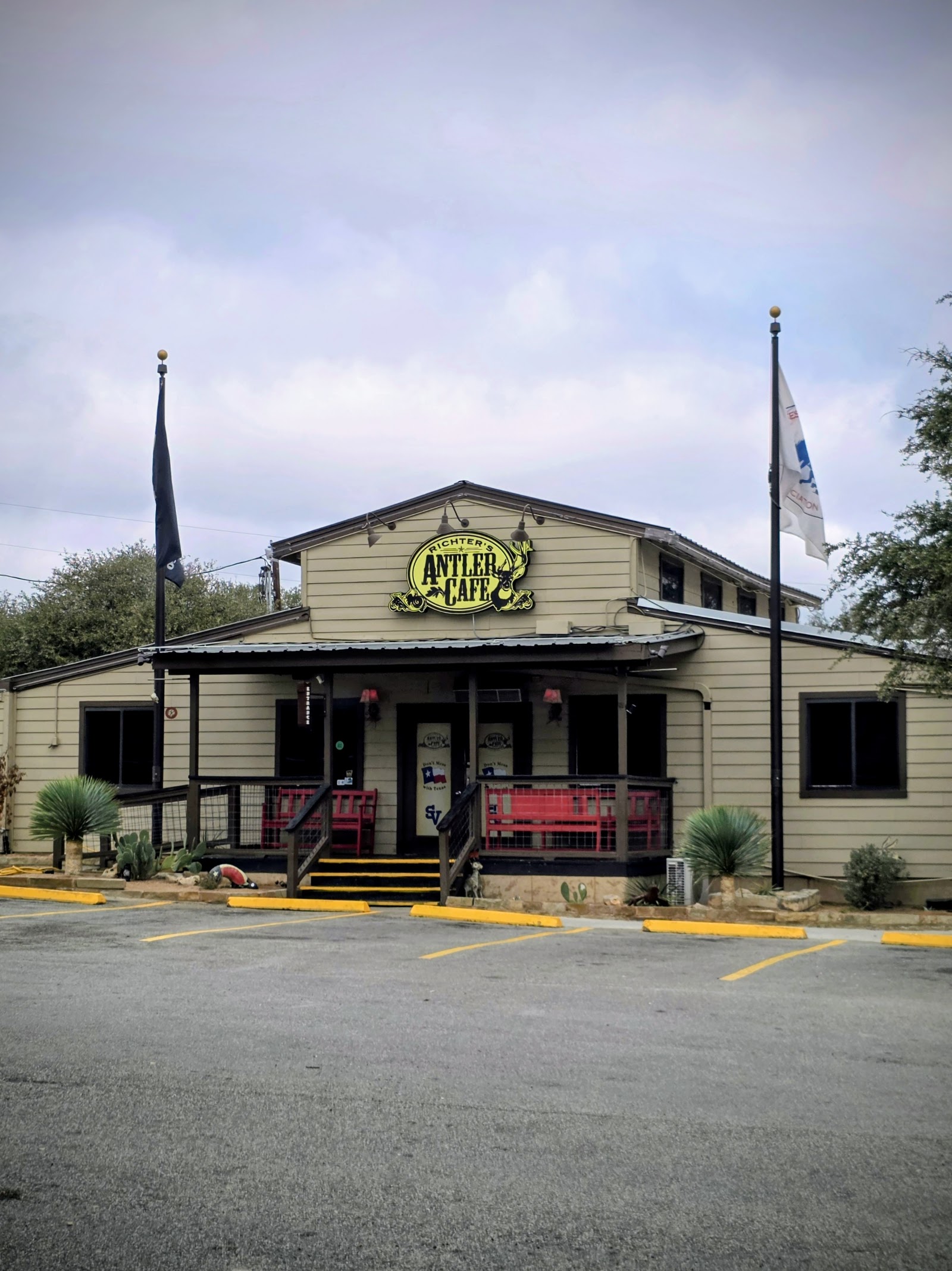 Front entrance of Richter's Antler Cafe with the Antler Cafe sign